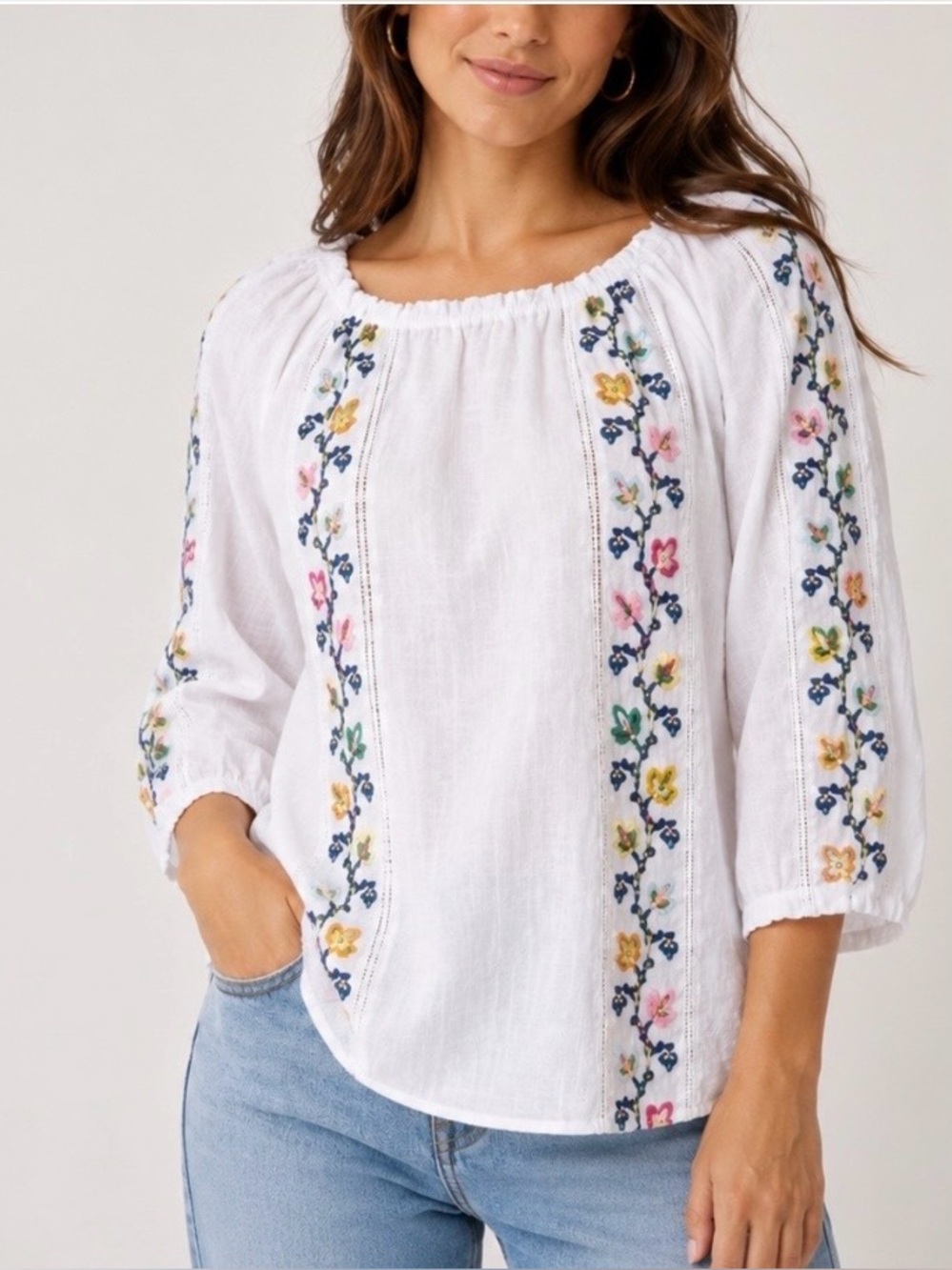 J. Jill Love Linen White 100% Linen Floral Embroidered Peasant Blouse Top Medium